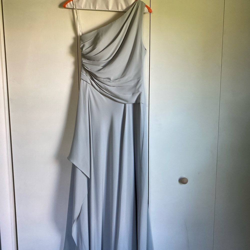 One shoulder Georgette cascade bridesmaid dress.